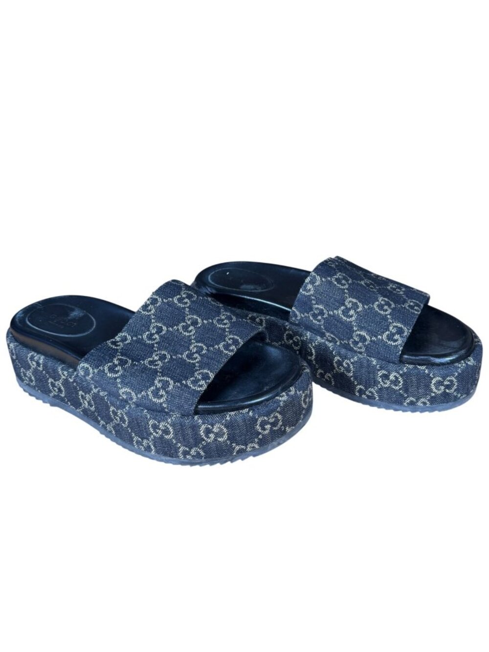 Gucci Angelina Black GG Logo Denim Platform Slide Sandals Size EU 39 US 9